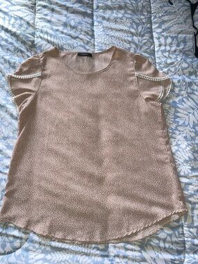 -Brand Blush Tan Short Sleeve Top with Pearl Trim